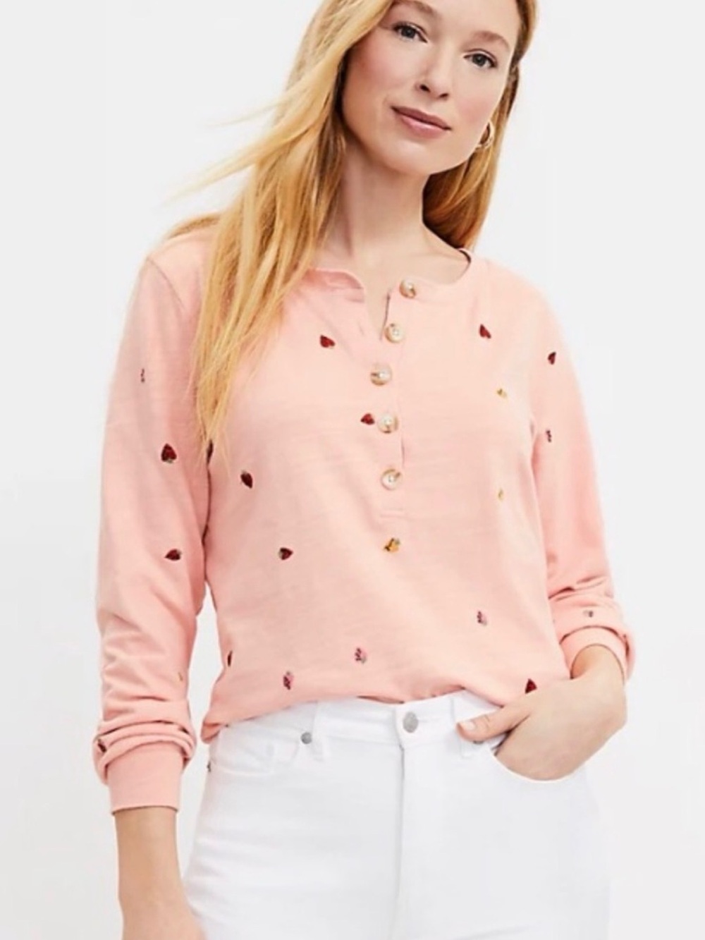 🍓 LOFT Women’s Embroidered Strawberry Henley Top Cottagecore
